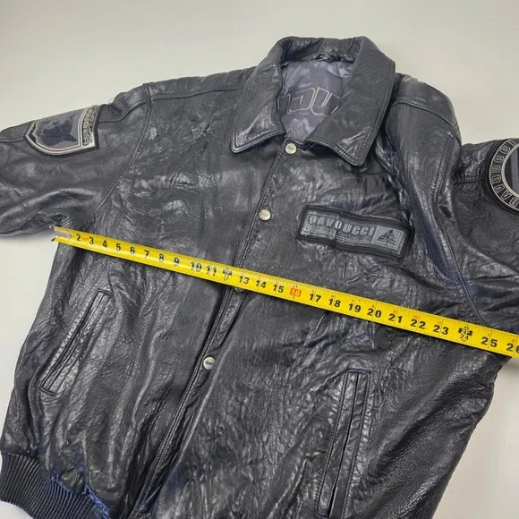 VTG DAVNUCCI Mens Black Genuine Leather Bomber Jacket PatchesXL Can fit 2XL